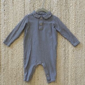 Little English long sleeve polo romper onesie blue white stripe, 12M